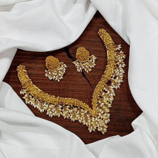 Indian Necklace & Earrings Brass with Pearls Addiyal Jewellery Set N54