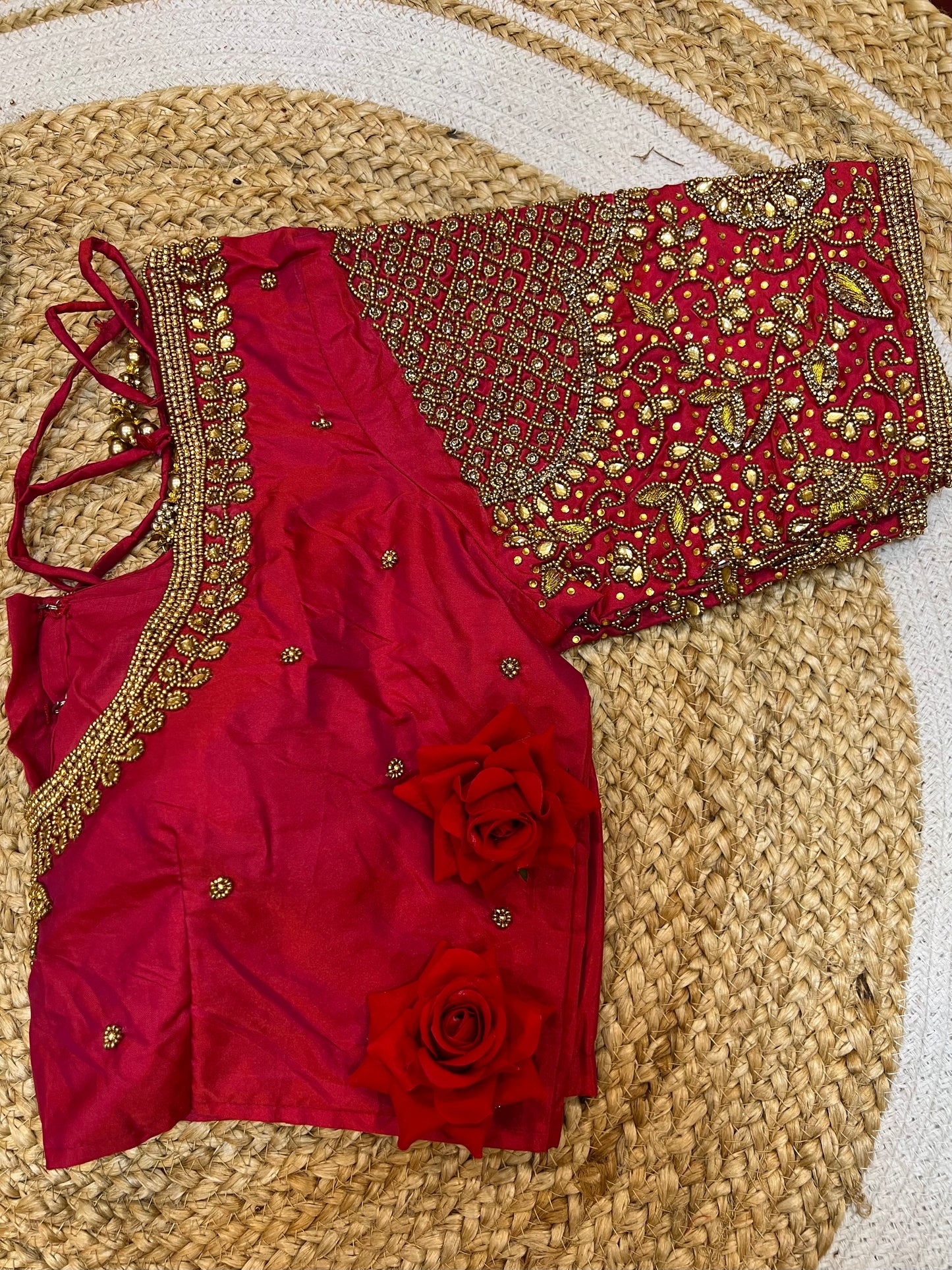 40” Bridal Aari hand Worked Sari Blouse Indian Top Choli Silk Red B39