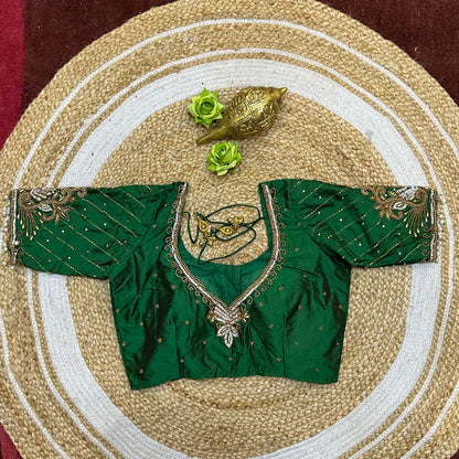 44” Size 14 Aari Worked Sari Blouse Indian Saree Top Silk Green B247