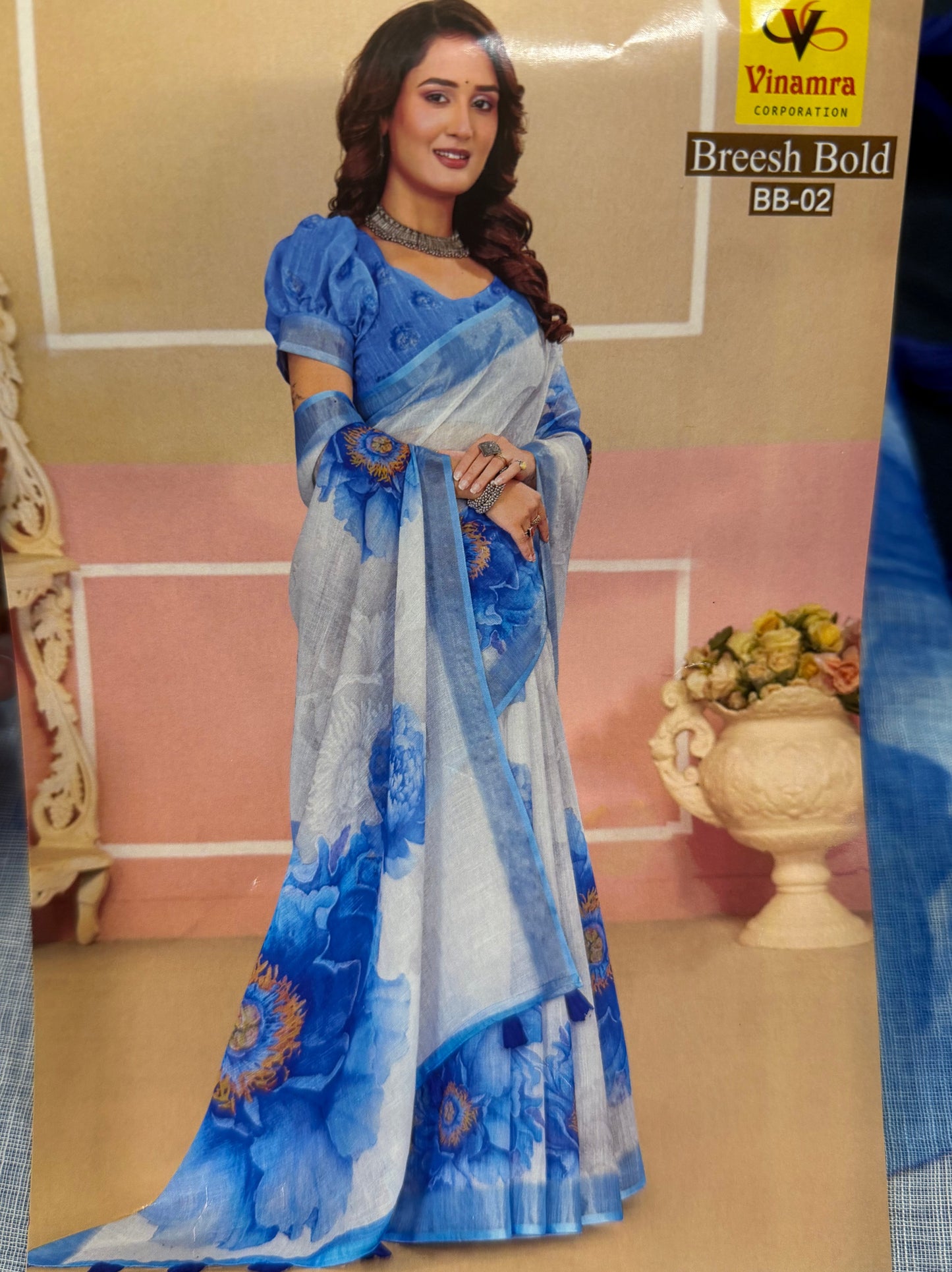 White & Green Digital Printed Linen Sari Indian casual Saree C5