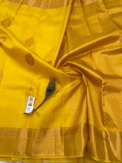 Kanchipuram Pure Silk Saree Yellow with Copper Kanjivaram Sari| SPK