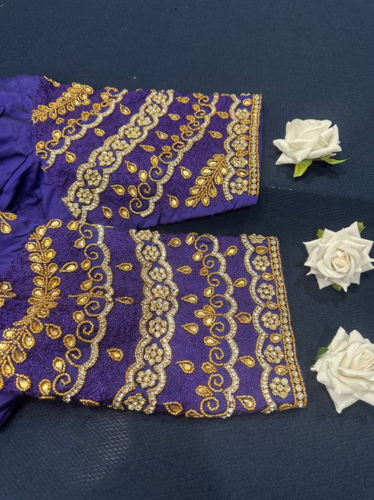 40” Aari hand Worked Sari Blouse Indian Top Choli Silk Purple B20