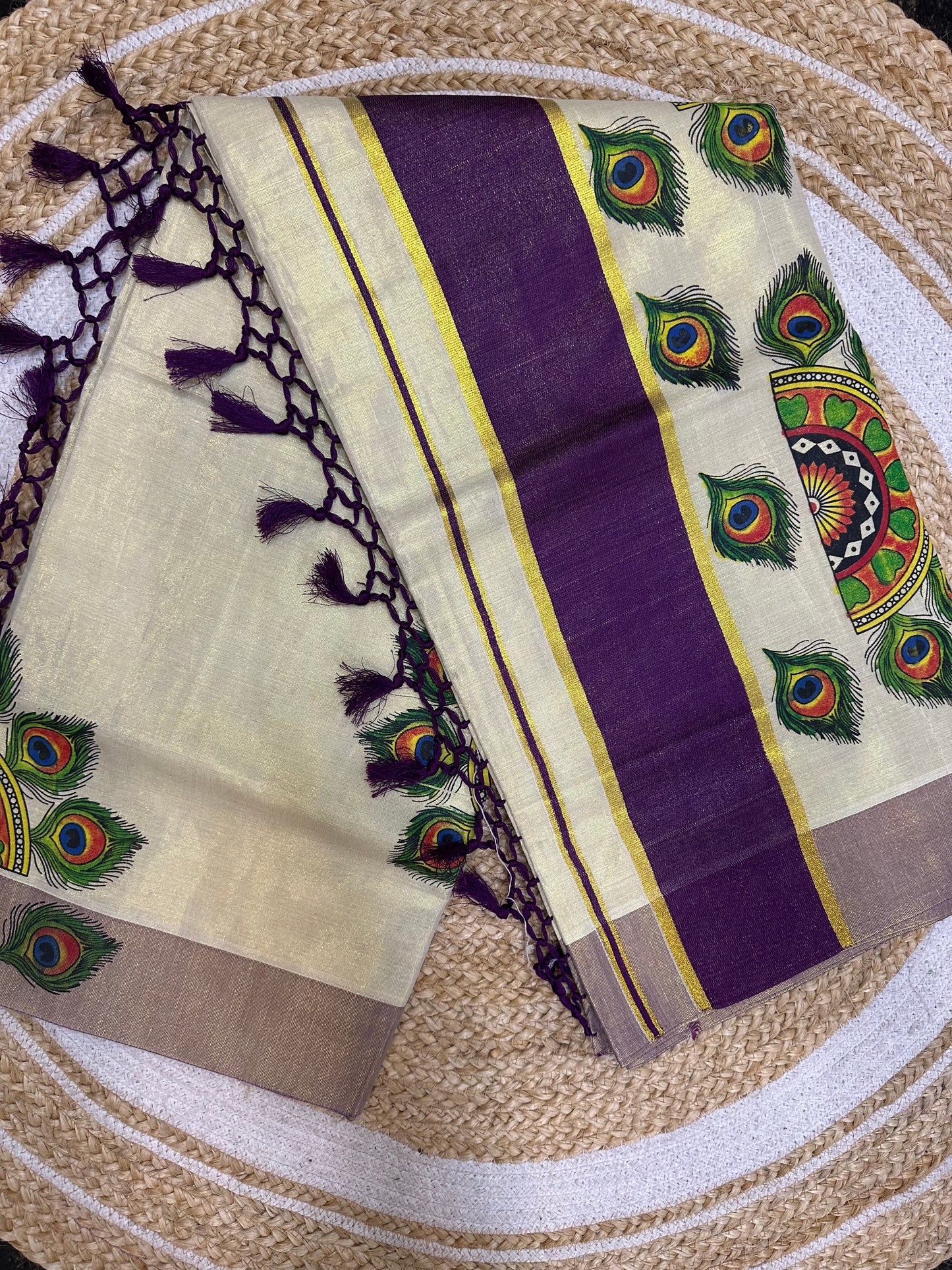 Kerala Vishu Sari Indian Cream Tissue hand Printed Kasavu Onam Saree C18