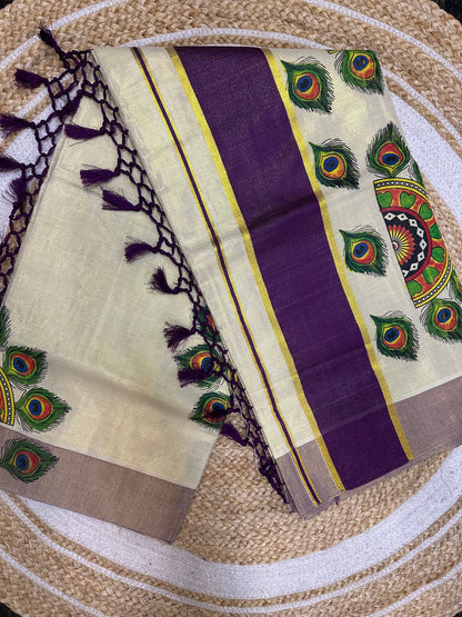 Kerala Vishu Sari Indian Cream Tissue hand Printed Kasavu Onam Saree C18