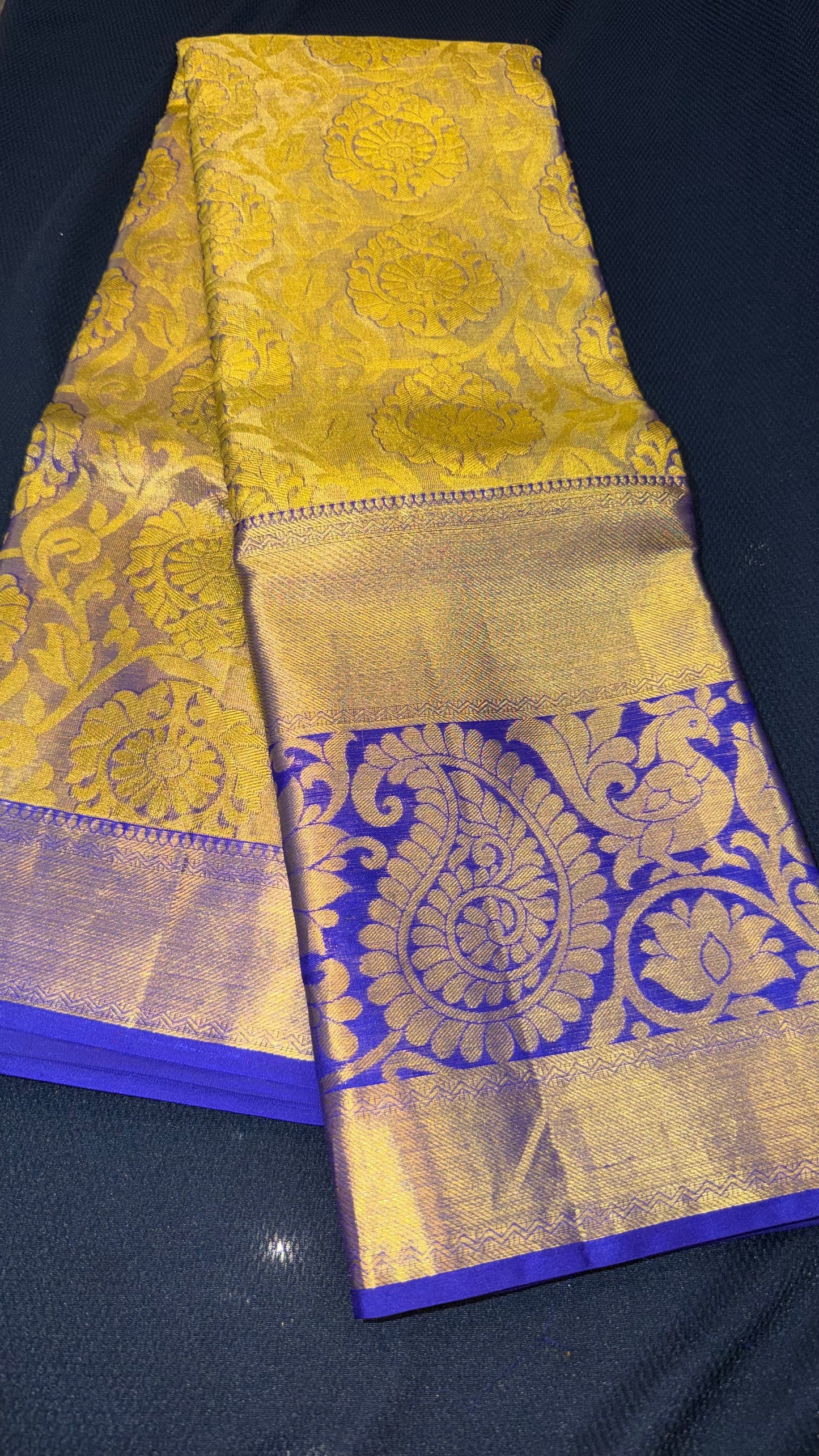 Kanchipuram Tissue Bridal Pure Silk Saree with Gold Zari Blue & Gold Sari| SPK097