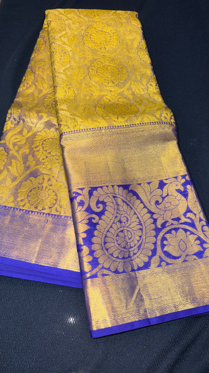 Kanchipuram Tissue Bridal Pure Silk Saree with Gold Zari Blue & Gold Sari| SPK097