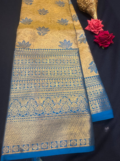 Kanchipuram Tissue Bridal Pure Silk Saree with Gold Zari Blue & Gold Sari| SPK095