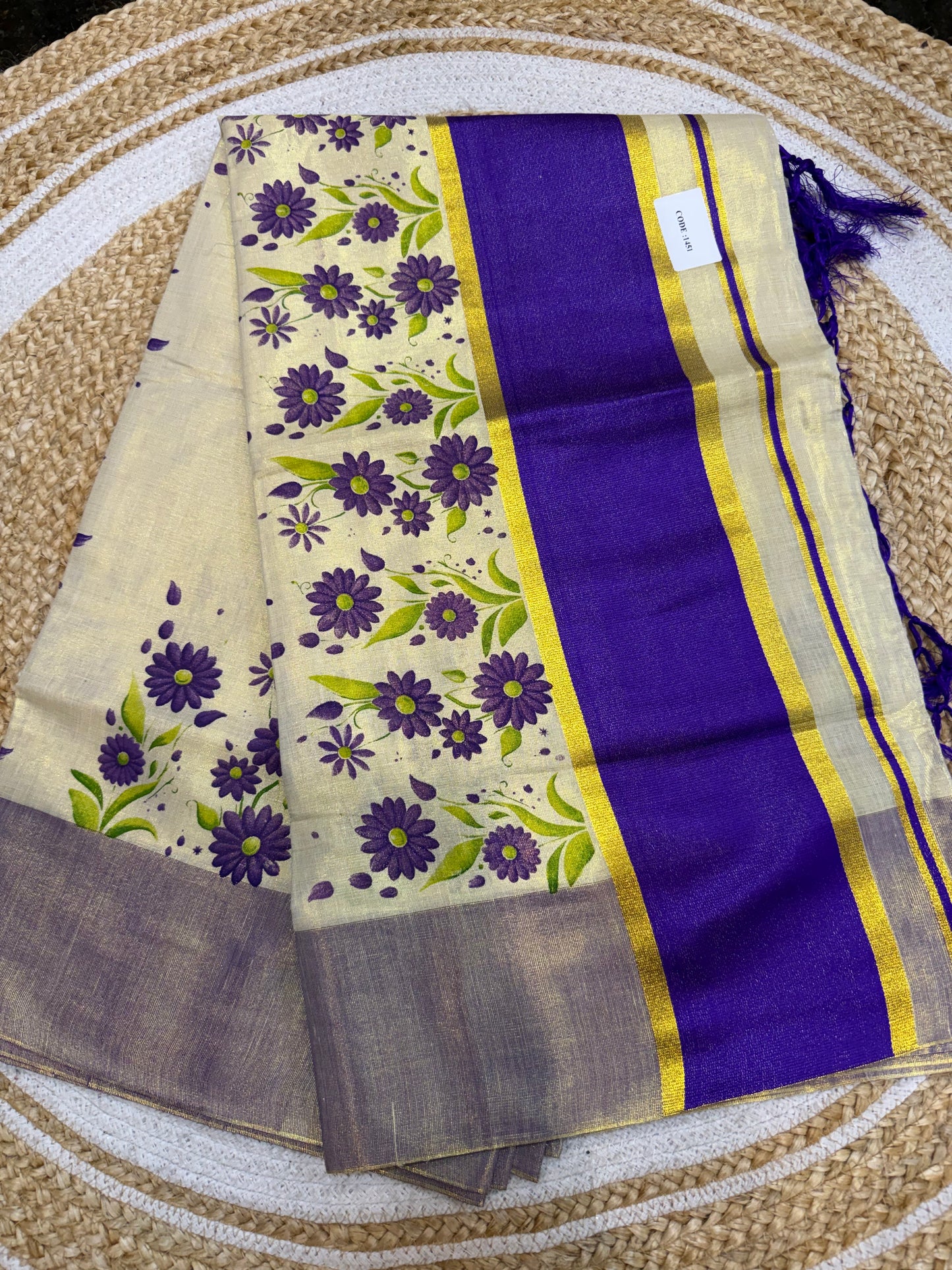 Purple Kerala Vishu Sari Indian Cream Tissue hand Printed Onam Saree C16