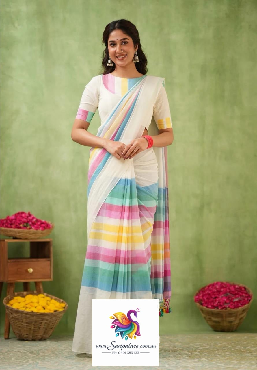 MUL Cotton White Rainbow Sari Indian casual Saree C25