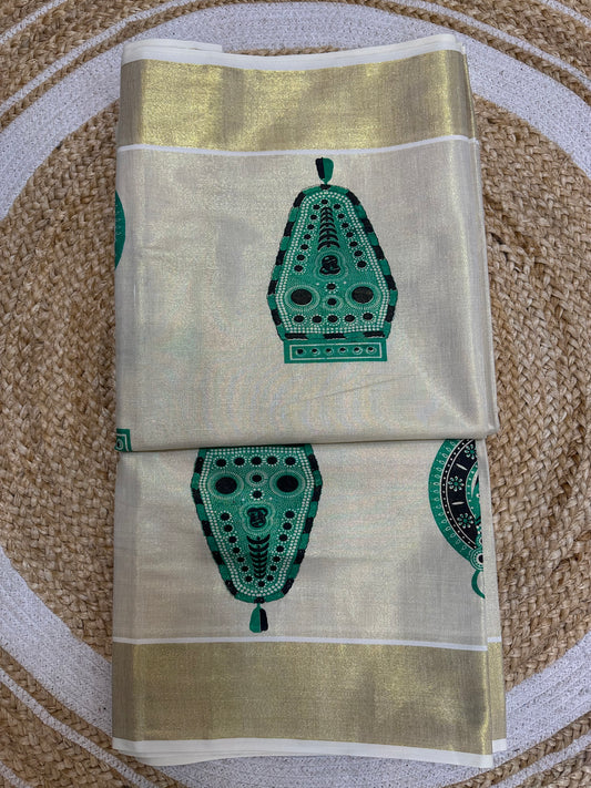 Green Kerala Vishu Sari Indian Cream Tissue hand Printed Onam Saree C17 Col 1