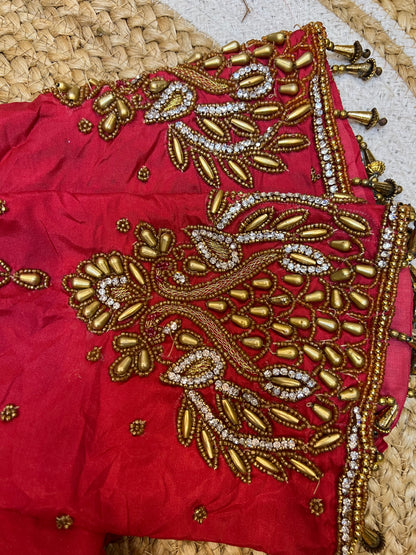 40” Aari hand Worked Sari Blouse Indian Top Choli Silk Red B31