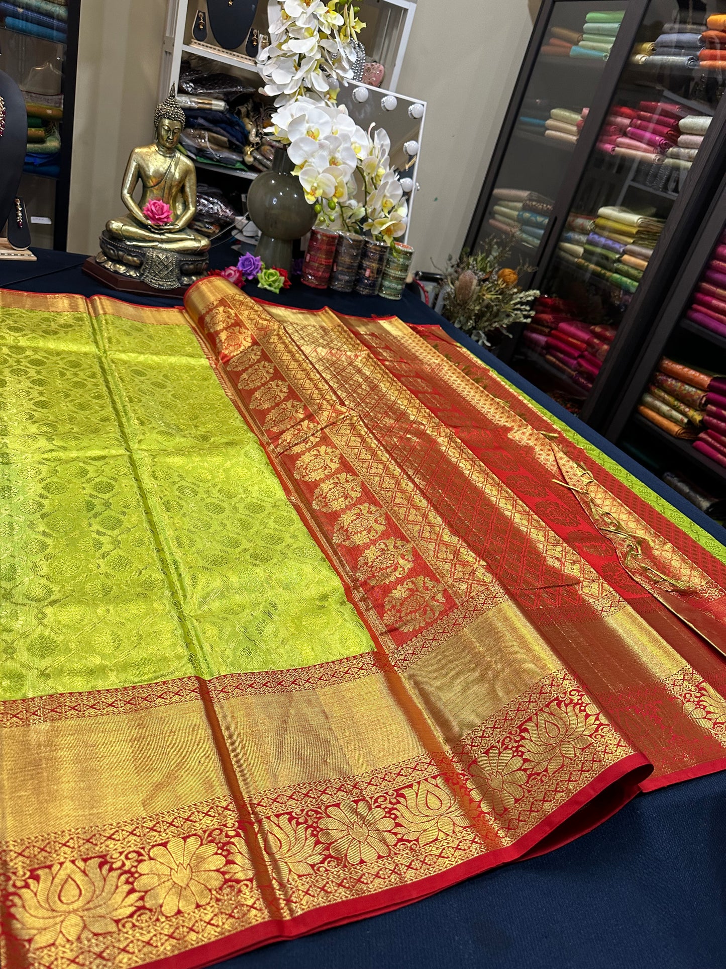 Tissue Bridal Kanchipuram Pure Silk Saree Greenish Yellow & Red Kanjivaram Sari| SPK090