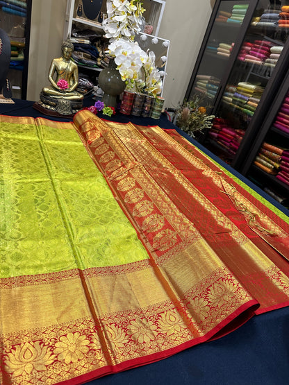 Tissue Bridal Kanchipuram Pure Silk Saree Greenish Yellow & Red Kanjivaram Sari| SPK090