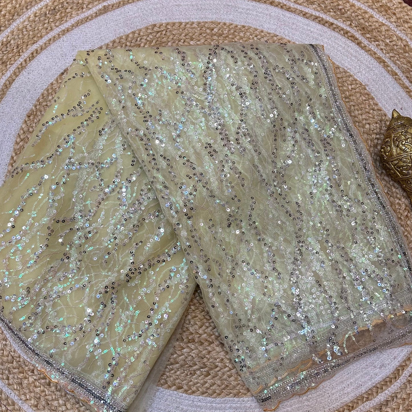 Net Sari Indian Bollywood Sequins Designer Fancy Party wear Saree Yellow Z2