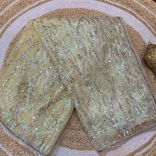 Net Sari Indian Bollywood Sequins Designer Fancy Party wear Saree Yellow Z2