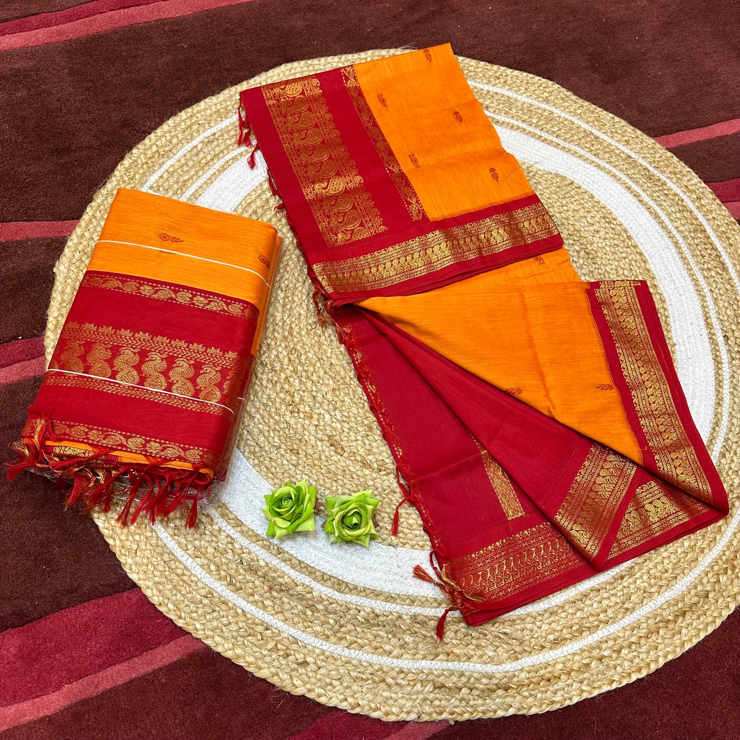 Mango Yellow & Red Kalyani Silk Cotton Sari South Indian Saree S140