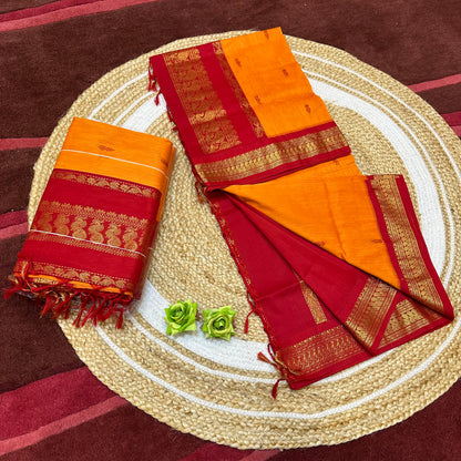 Mango Yellow & Red Kalyani Silk Cotton Sari South Indian Saree S140