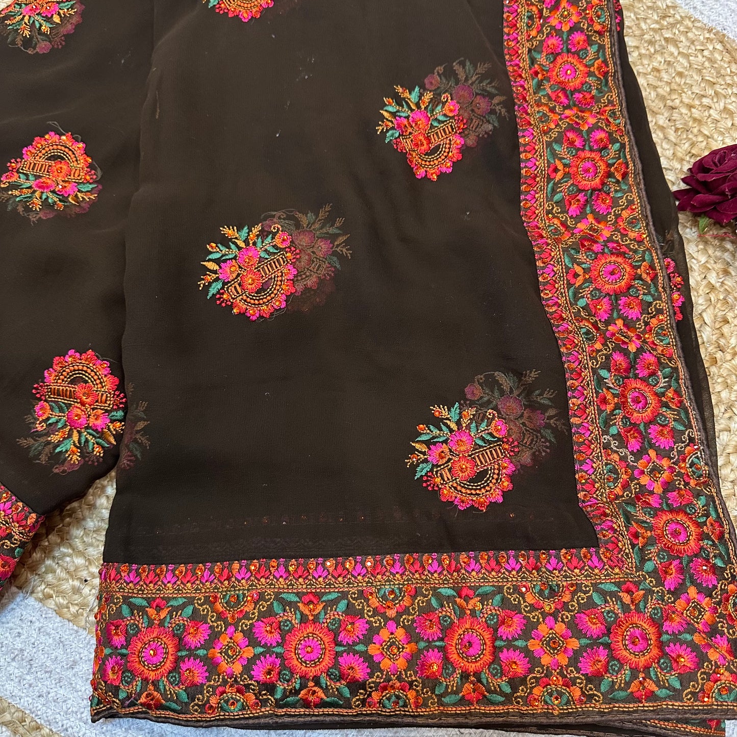 Georgette Sari Indian Fancy Party wear Saree Dark Brown SAR2
