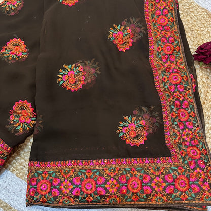 Georgette Sari Indian Fancy Party wear Saree Dark Brown SAR2