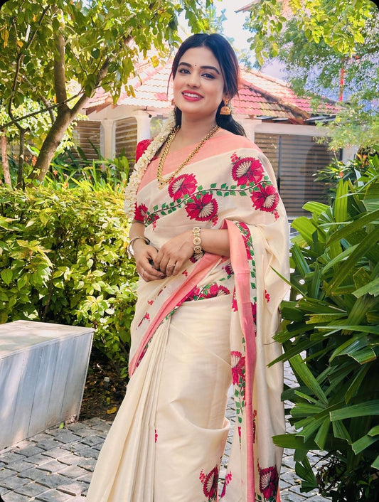 Red Kerala Vishu Sari Indian Onam Tissue Gold Saree C12