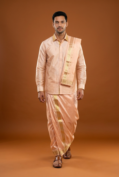 Medium Men’s South Indian Vesti Shirt Shawl Combo Semi Silk Dhotti V8