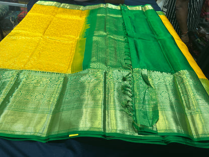 Kanchipuram Pure Silk Saree Yellow & Green Kanjivaram Sari| SPK087