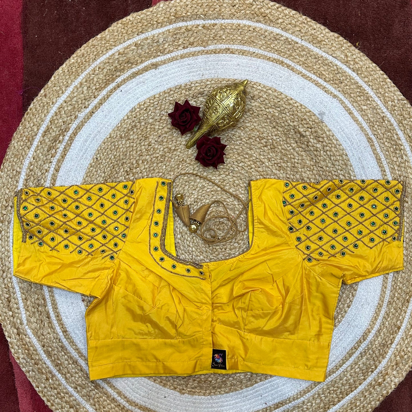 44” Size 14 Aari Worked Sari Blouse Indian Saree Top Silk Yellow B255