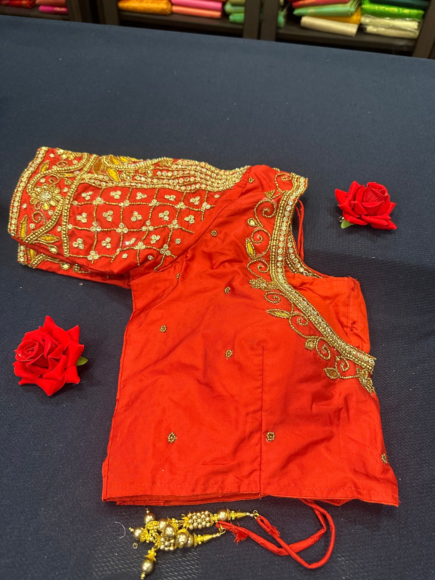 40” Aari hand Worked Sari Blouse Indian Top Choli Silk Red B17