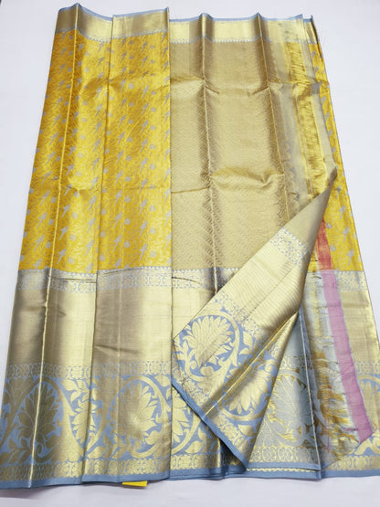 Bridal Tissue Kanchipuram Pure Silk Saree Gold & Grey Kanjivaram Sari|SPK141