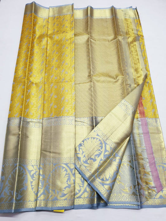 Bridal Tissue Kanchipuram Pure Silk Saree Gold & Grey Kanjivaram Sari|SPK141
