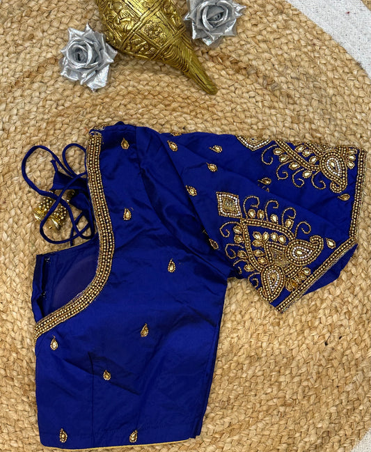 34” XS Aari Worked Sari Blouse Indian Saree Top Silk Blue B109
