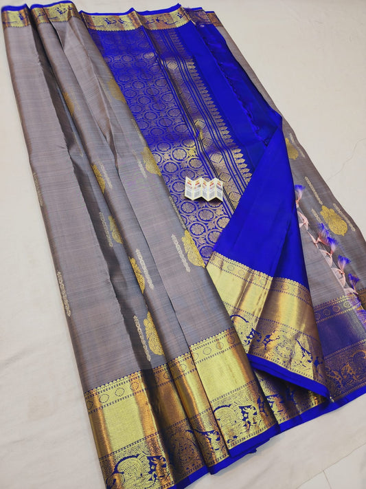 Kanchipuram Pure Silk Saree Grey & Blue with Gold Kanjivaram Sari| SPK146