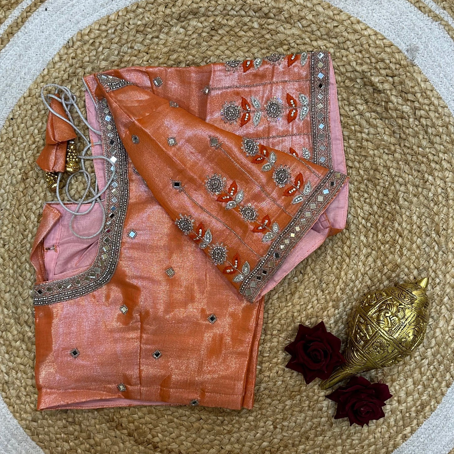 44” Size 14 Aari Worked Sari Blouse Indian Saree Top Metallic Orange B264