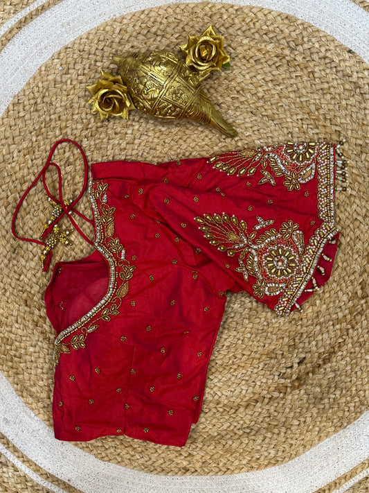 40” Size 10 Aari Worked Sari Blouse Indian Saree Top Silk Red B71