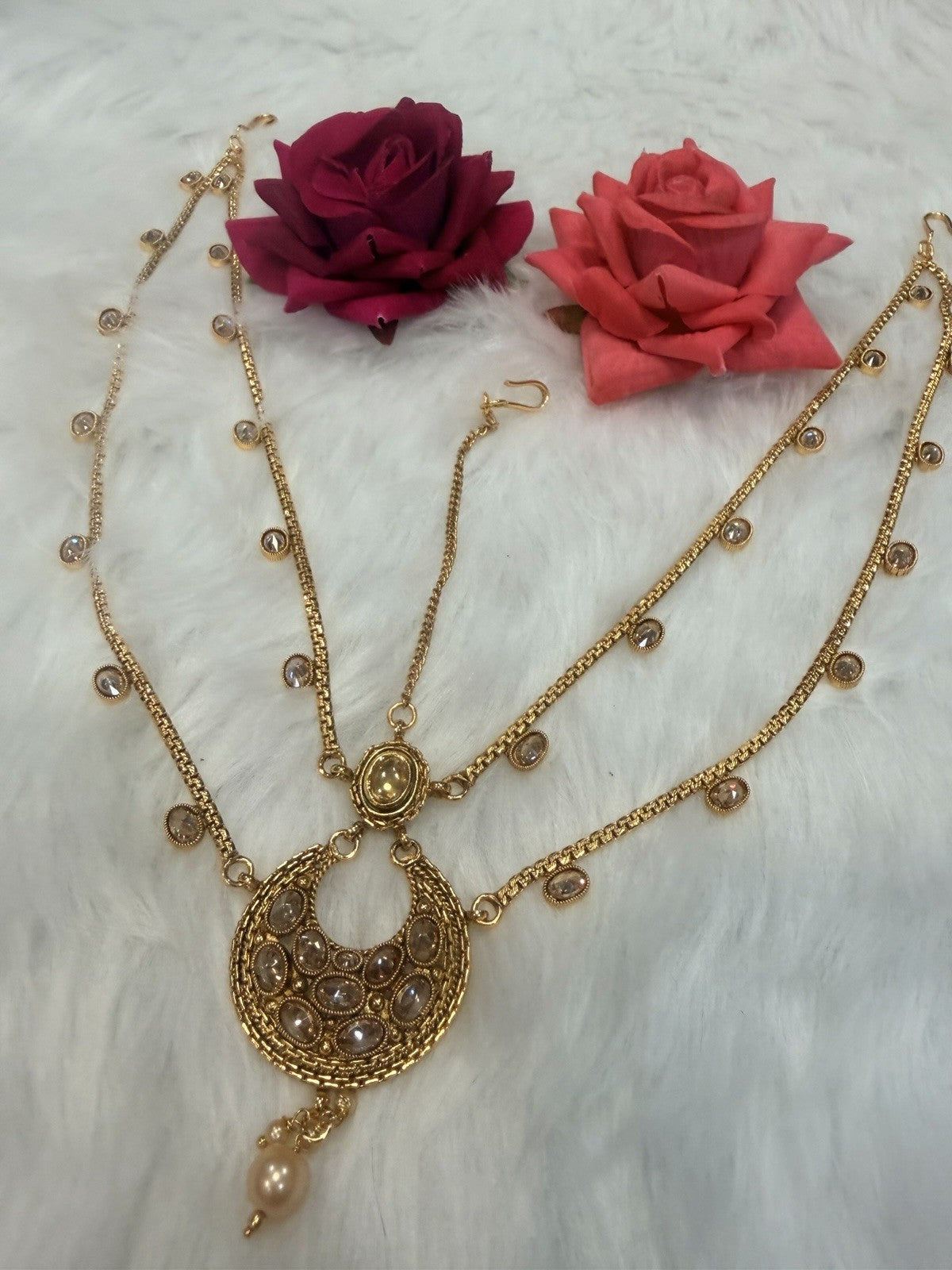 Maang tikka Damini Indian Jewellery T004 Hair Accessories Gold CLR  Polki Stones