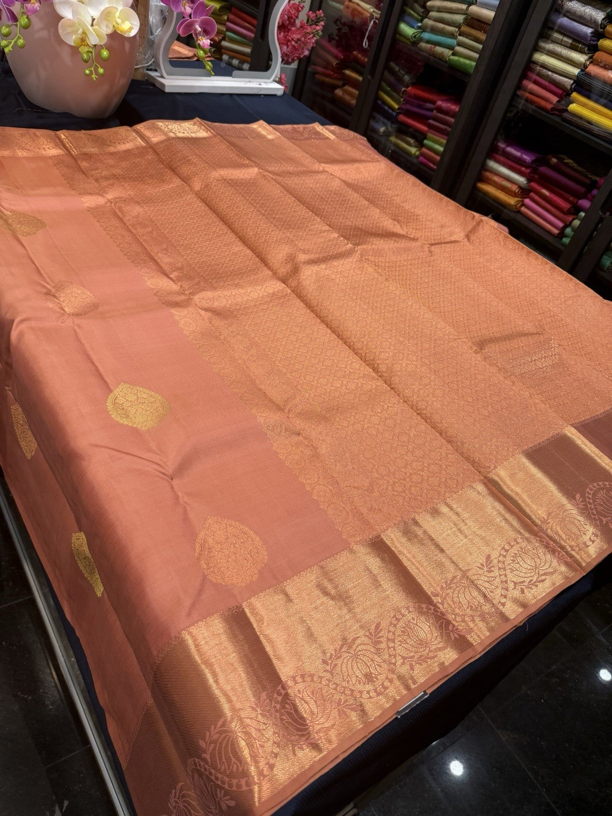 SPK002 Kanjivaram Saree Pure Silk Indian Kanchipuram Sari Peach With Copper Jari