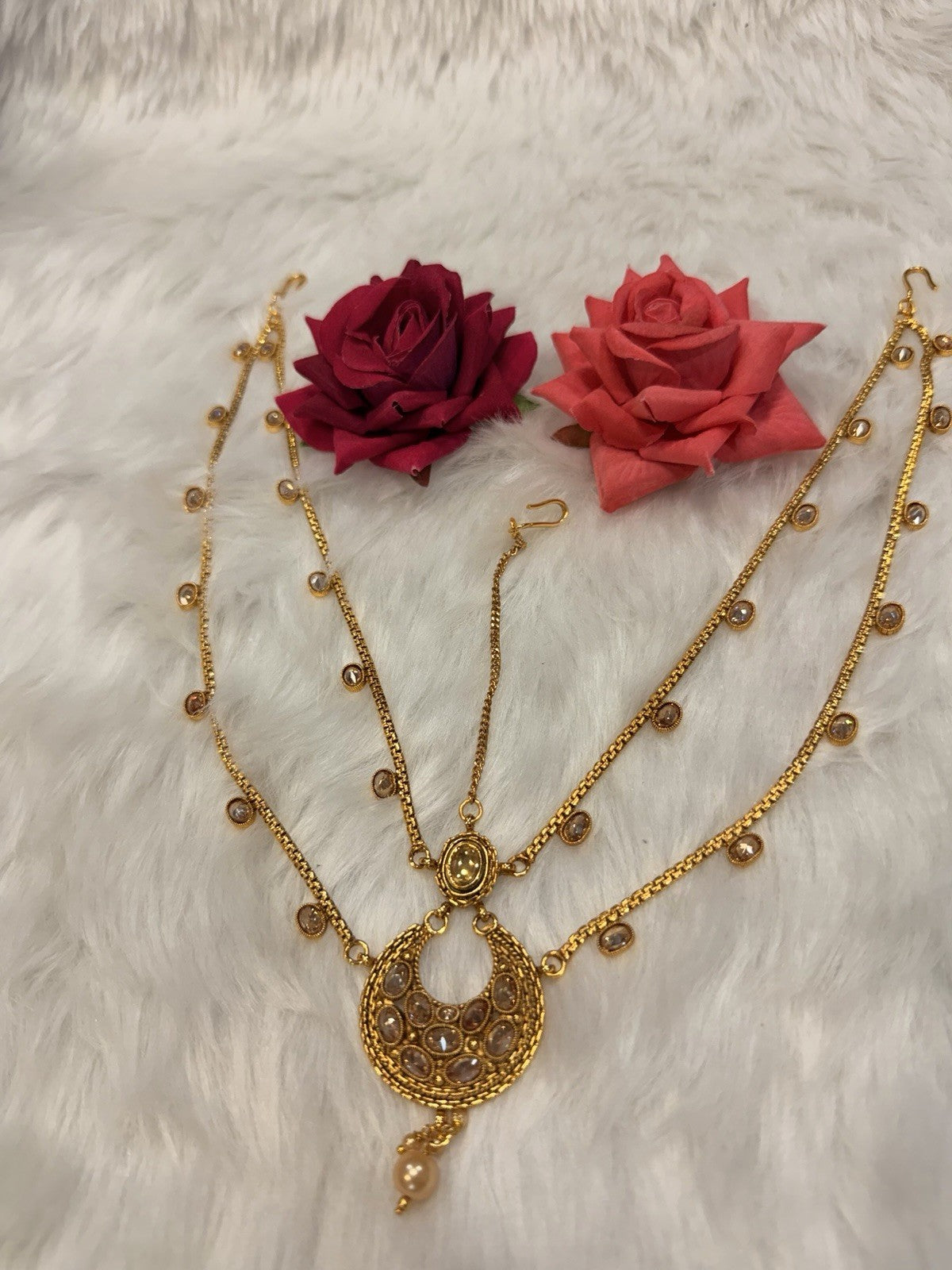 Maang tikka Damini Indian Jewellery T004 Hair Accessories Gold CLR  Polki Stones