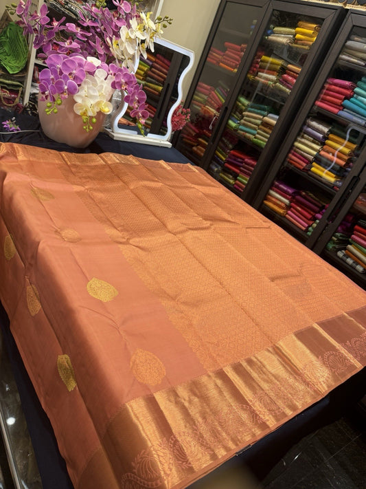 SPK002 Kanjivaram Saree Pure Silk Indian Kanchipuram Sari Peach With Copper Jari