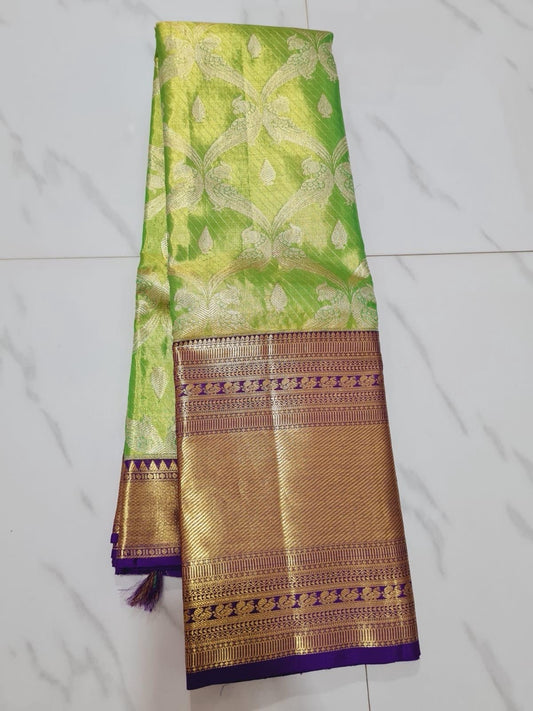 SPK016 Tissue Bridal Kanjivaram Saree Pure Silk Indian Green Kanchipuram Sari