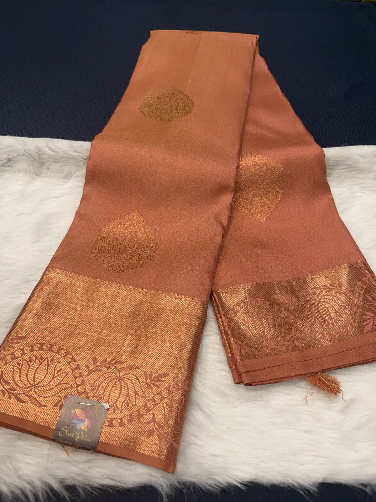 SPK002 Kanjivaram Saree Pure Silk Indian Kanchipuram Sari Peach With Copper Jari
