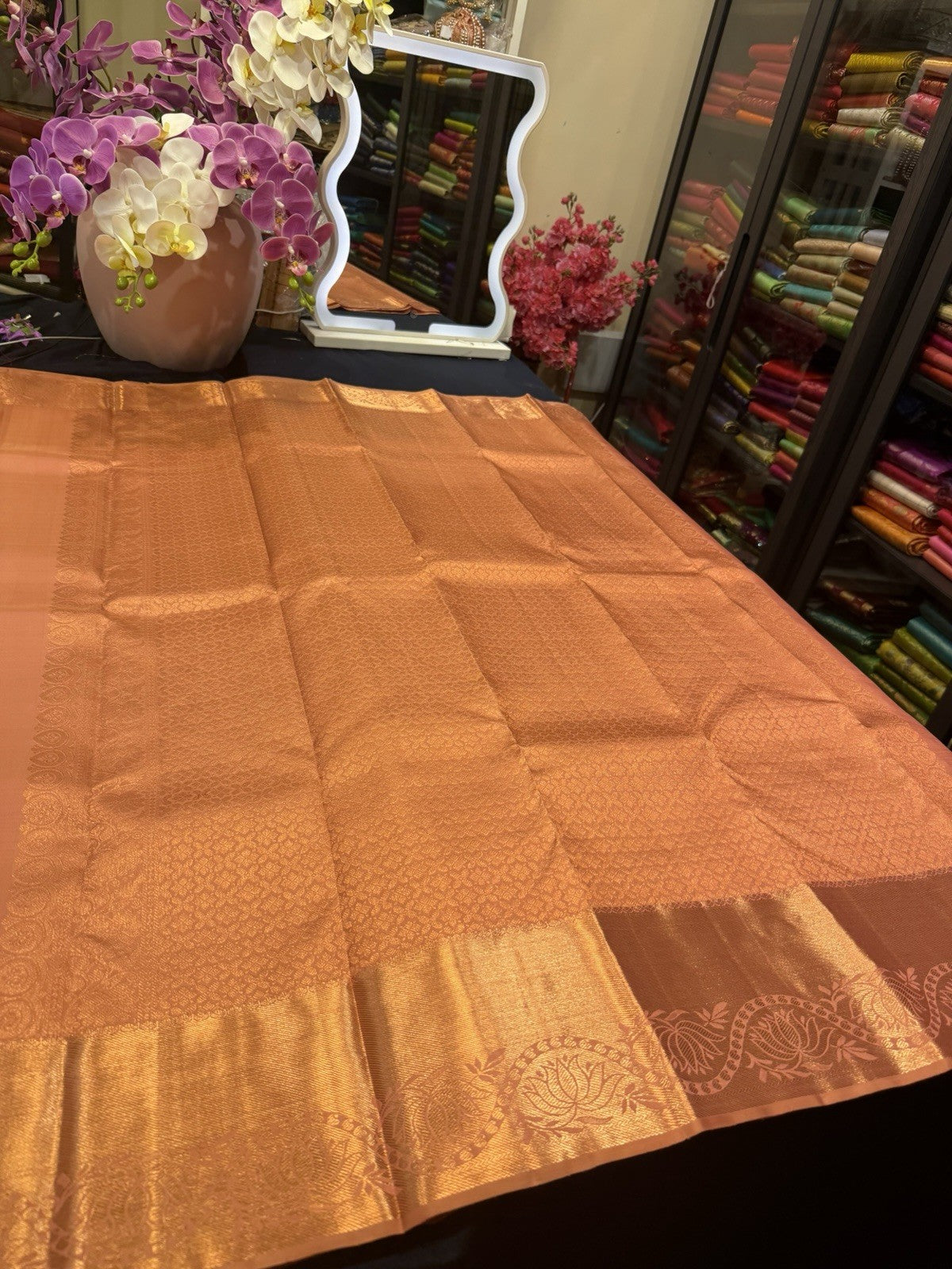 SPK002 Kanjivaram Saree Pure Silk Indian Kanchipuram Sari Peach With Copper Jari