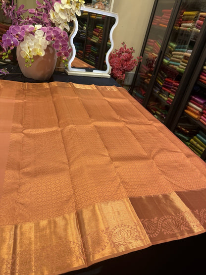 SPK002 Kanjivaram Saree Pure Silk Indian Kanchipuram Sari Peach With Copper Jari