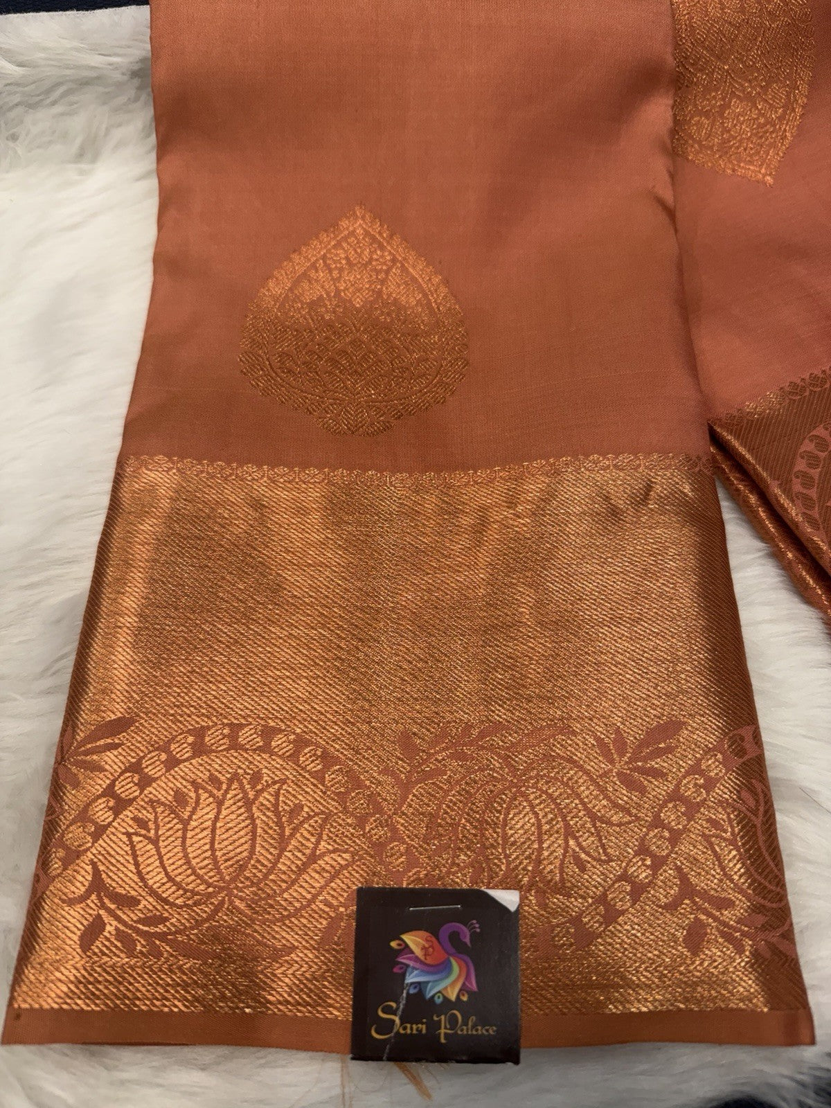 SPK002 Kanjivaram Saree Pure Silk Indian Kanchipuram Sari Peach With Copper Jari