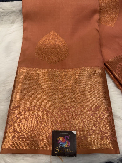 SPK002 Kanjivaram Saree Pure Silk Indian Kanchipuram Sari Peach With Copper Jari