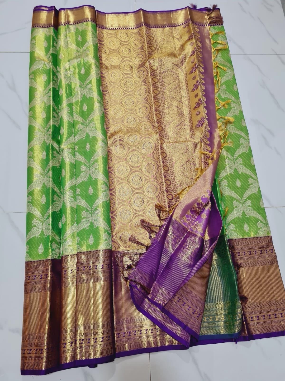 SPK016 Tissue Bridal Kanjivaram Saree Pure Silk Indian Green Kanchipuram Sari