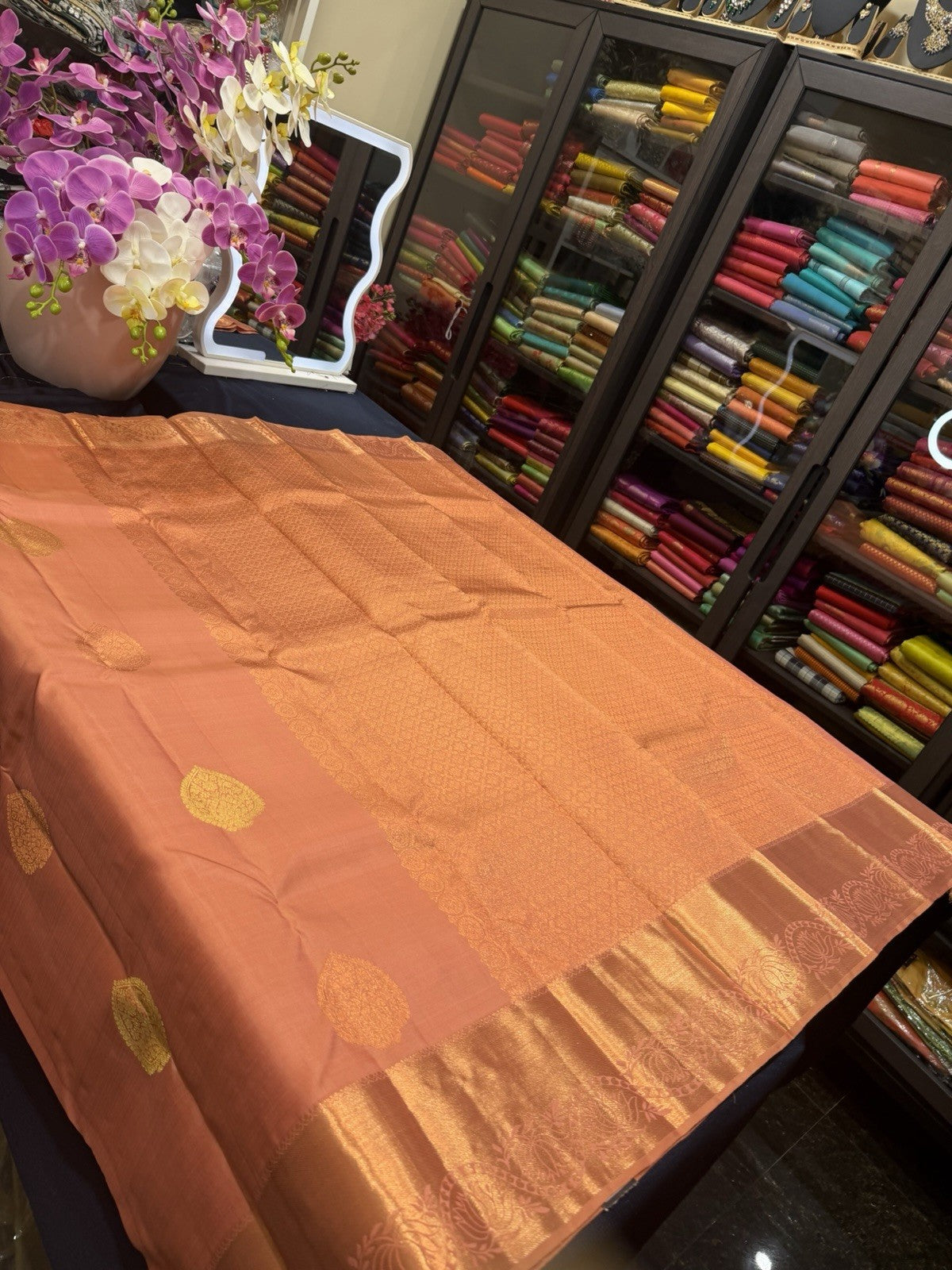 SPK002 Kanjivaram Saree Pure Silk Indian Kanchipuram Sari Peach With Copper Jari
