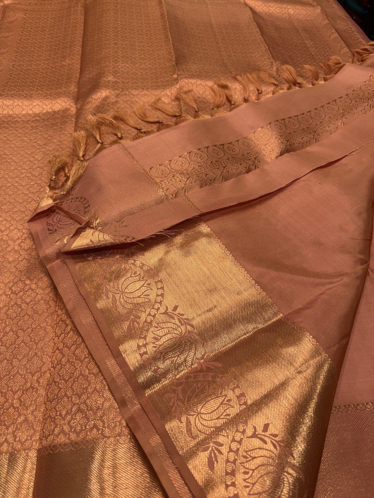 SPK002 Kanjivaram Saree Pure Silk Indian Kanchipuram Sari Peach With Copper Jari