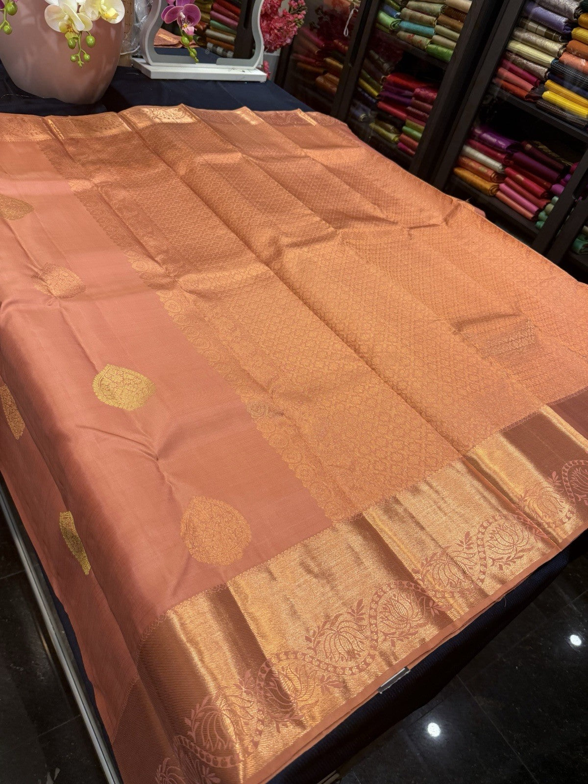 SPK002 Kanjivaram Saree Pure Silk Indian Kanchipuram Sari Peach With Copper Jari