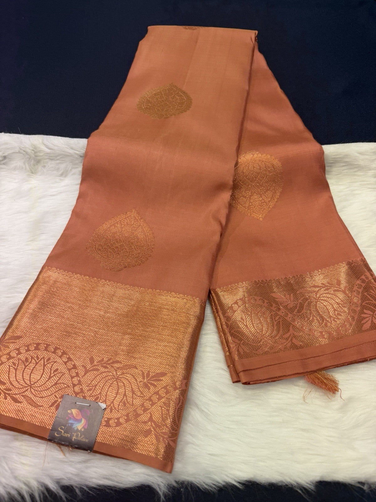 SPK002 Kanjivaram Saree Pure Silk Indian Kanchipuram Sari Peach With Copper Jari