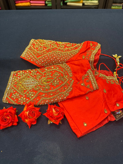 40” Aari hand Worked Sari Blouse Indian Top Choli Silk Red B18